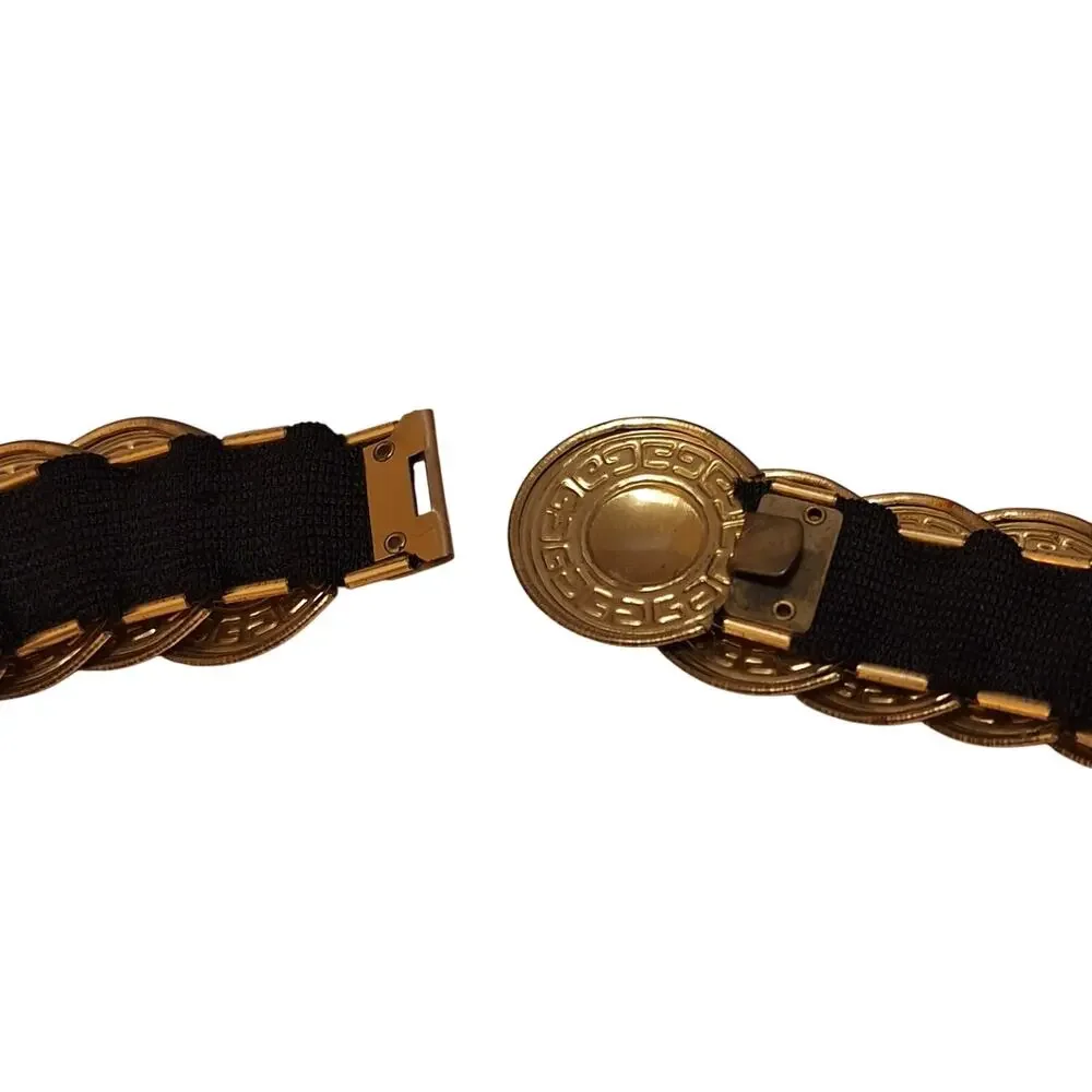 Vtg. Boho Festival Gold Tone Medallion Coin Stretch Metal Belt Greek Key Design